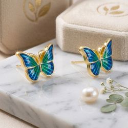 Elegant Oil Painted Green Butterfly Animal Jewelry Earrings Stud for Women Girl