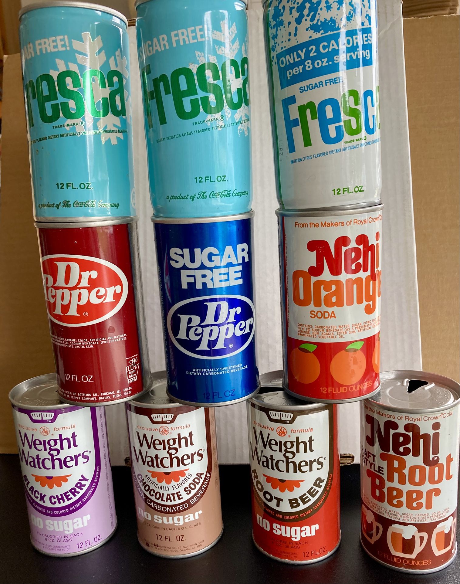 Vintage 1970’s Fresca, Nehi, Weight Watchers, And Dr Pepper Soda Pop Cans.