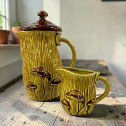 Vintage 1970s Mushroom Pitcher & Creamer Set Japan Style Ceramic Tree Trunk