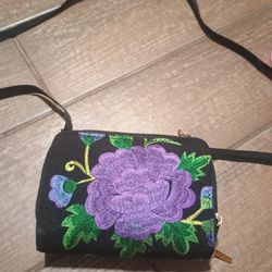 Very Cute Hand Stitched Flower Design Black Small Purse 