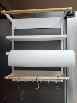 13.4inch Magnetic Spice Rack for Refrigerator, Fridge Side Organizer with 1 Shelf, 2 poles, 6 Hooks & 1 Paper Towel Holder, Kitchen Storage Shelf for 