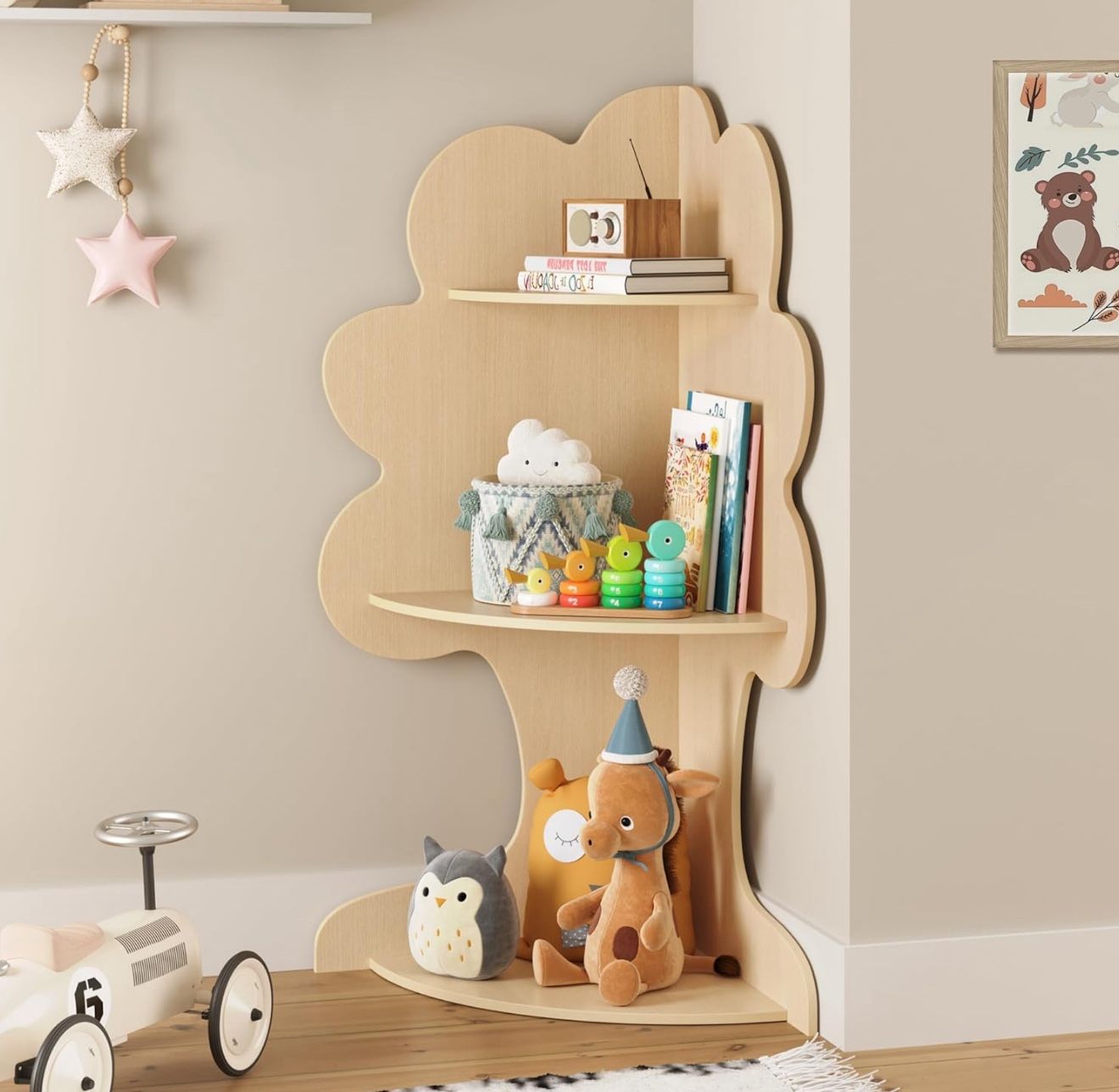 LUE BONA Children's Bookcase Tree Shape, Children's Bookcase with 3 Levels, Storage Cabinet, 48 x 48 x 109 cm, Nature