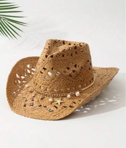 Straw Cowboy Hat with Shell Chain Band