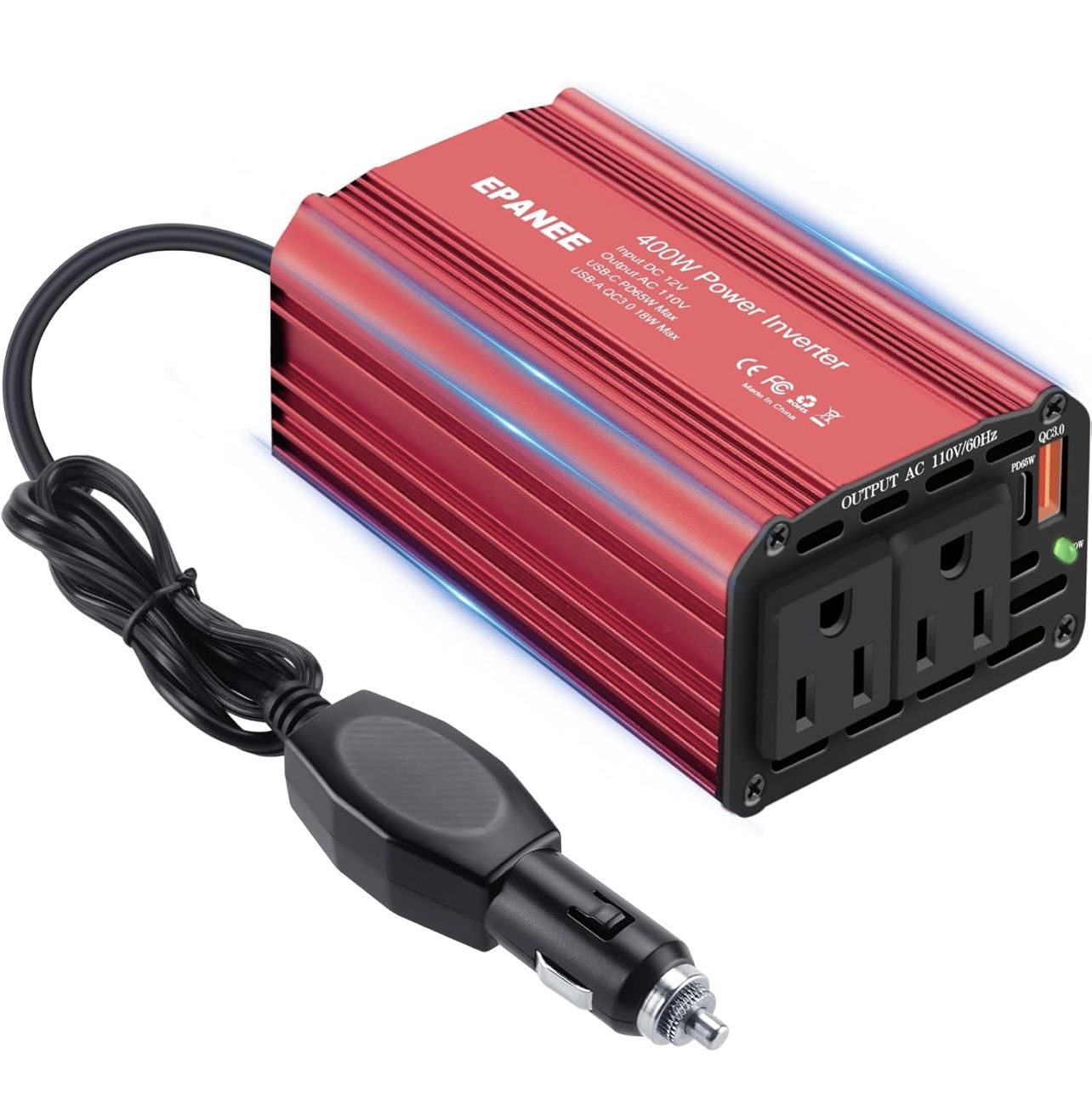 400W Power Inverter 12V DC to 110V AC, Car Charger Plug in Adapter Outlet with PD 65W USB-C&QC 18W Port, Portable Power Converters for Laptop Vehicles