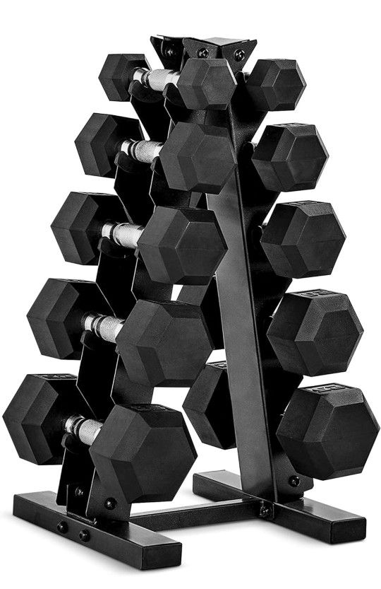 CAP Barbell 150 LB Coated Hex Dumbbell Weight Set with Vertical Rack - 10 dumbbells