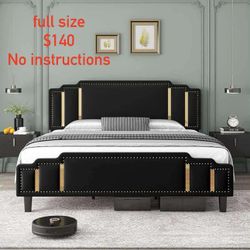 Full Size Upholstered Bed Frame with Adjustable Golden Trim Headboard F027（No instructions）