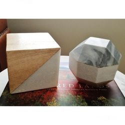 West Elm Modern Deco Sculptures Wood Marble Stone Bookends Accent, 2pc Set