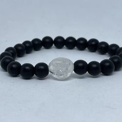 Natural Charged Crystal Quartz & Onyx Bracelet(known For : Healer, remove & Block Negativity, Reduce Stress & Anxiety, Calm Emotions )