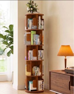 JIONEXA 5 Tier Rotating Bookshelf, 360° Small Bookshelf MDF Book Storage Shelf, Round Spinning Books