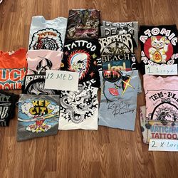 Tattoo Motif T Shirts. 12 Are Size Medium.  2 Are X-Large.  1 Is Large    Most Never Worn. 