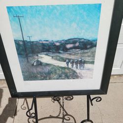 Framed Signed Very Low Limited Edition Lithograph Of Bicyclists On Country Dirst Road