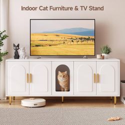 60 Inches Cat Litter Box Enclosure for 2 Cats, Double Litter Boxes Furniture with Cat Litter Mat, Large Indoor Pet House with Double Room, Modern TV S