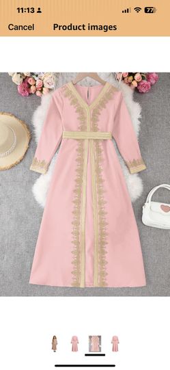 OBEEII Girls Muslim Ramadan Abaya Kids Long Sleeve V Neck Lace Prayer Dress Middle East Arabic Kaftan Dress with Belt