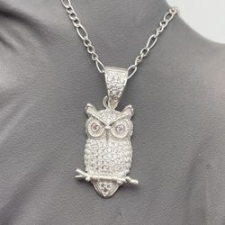 Solid 925 Sterling Silver Pink-Eyed CZ Owl Pendant with 20in Figaro Chain