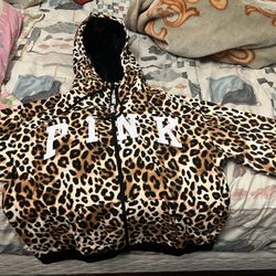 Victoria's Secret Pink Full Zip Hoodie Sherpa Lined Hood Leopard Sz L