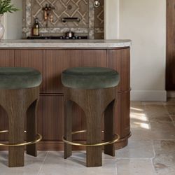 2 Bar Stools - Bocceli Green Velvet Counter Stools