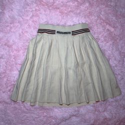 Miu Miu Cream Pleated Knit Mini Skirt with Striped Logo Waistband