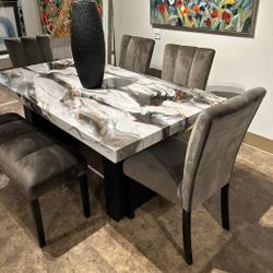 6Feets wide 7PC Marble top Dining table set with 6 chairs and no bench