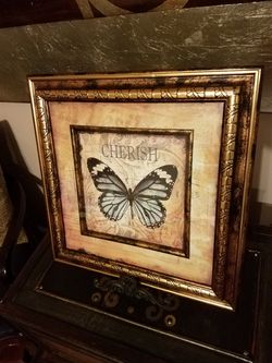 Art; Framed; Butterfly; Cherish. Gold frame - $7
