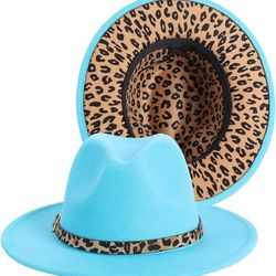 Men Women Two Tone Classic Wide Brim Fedora Hat with Teal Leopard One Size