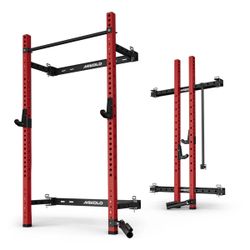 2" x 2" Folding Wall Mounted Squat Rack, 1000 Pounds Capacity Power Rack w/Pull Up Bar, J Hooks and Other Attachments, Space-Saving Home Gym