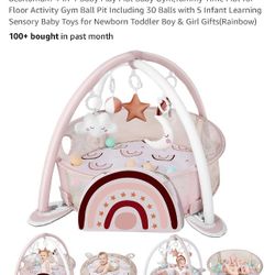dearlomum 4-in-1 Baby Play Mat Baby Gym,Tummy Time Mat for Floor Activity Gym Ball Pit Including 30 Balls with 5 Infant Learning Sensory Baby Toys for