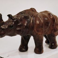 Vintage Leather Wrapped Rhinoceros Art Figure Figurine Mid Century Home Decor