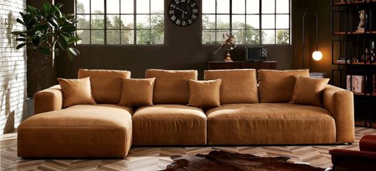 Large Tan Sectional Sofa with Chaise