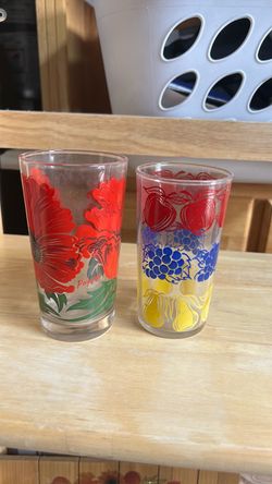 Vintage Glass Tumblers Fruit and Red Poppy Glasses