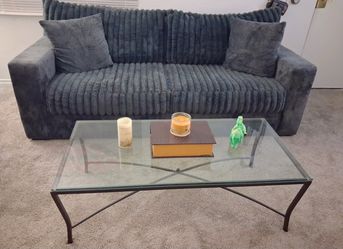 Gray Corduroy Sofa And Loveseat with pillows and 3 table