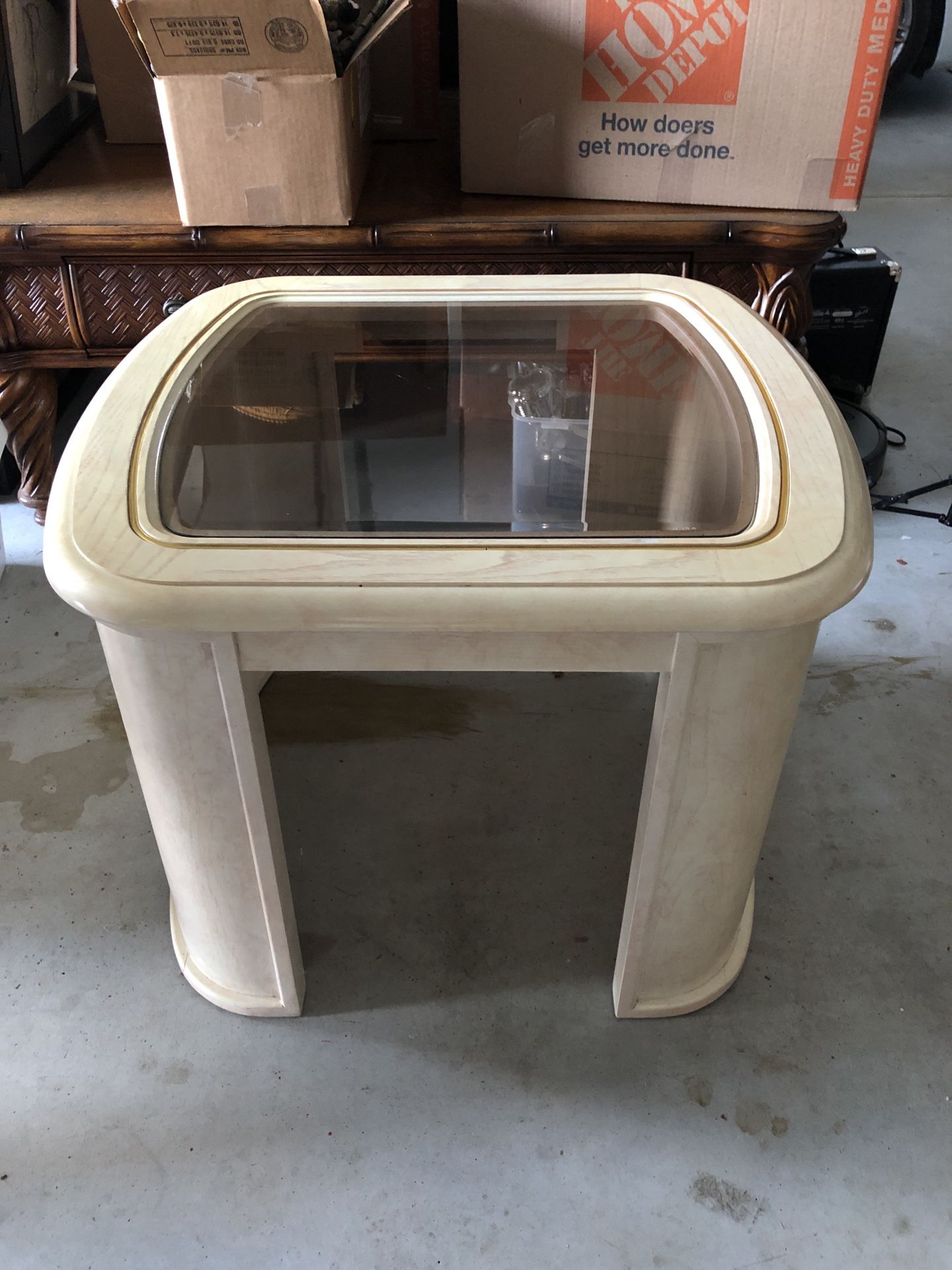 Mid Century Marbled Wood Side Table Glass Top