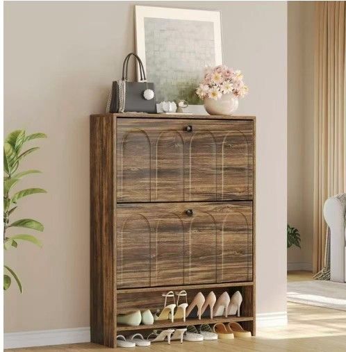 LD0032 Narrow Shoe Cabinet with 2 Flip Drawers & Open Shelf, Space Saving Design for Entryway