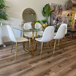 Big Glass Dining Table And 6 White Chairs