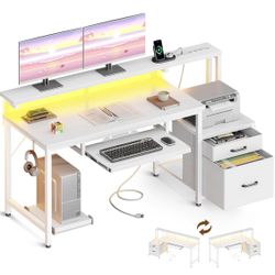 55" Computer Desk with Fabric File Cabinet and Drawer, Reversible Office Desk with Power Outlet