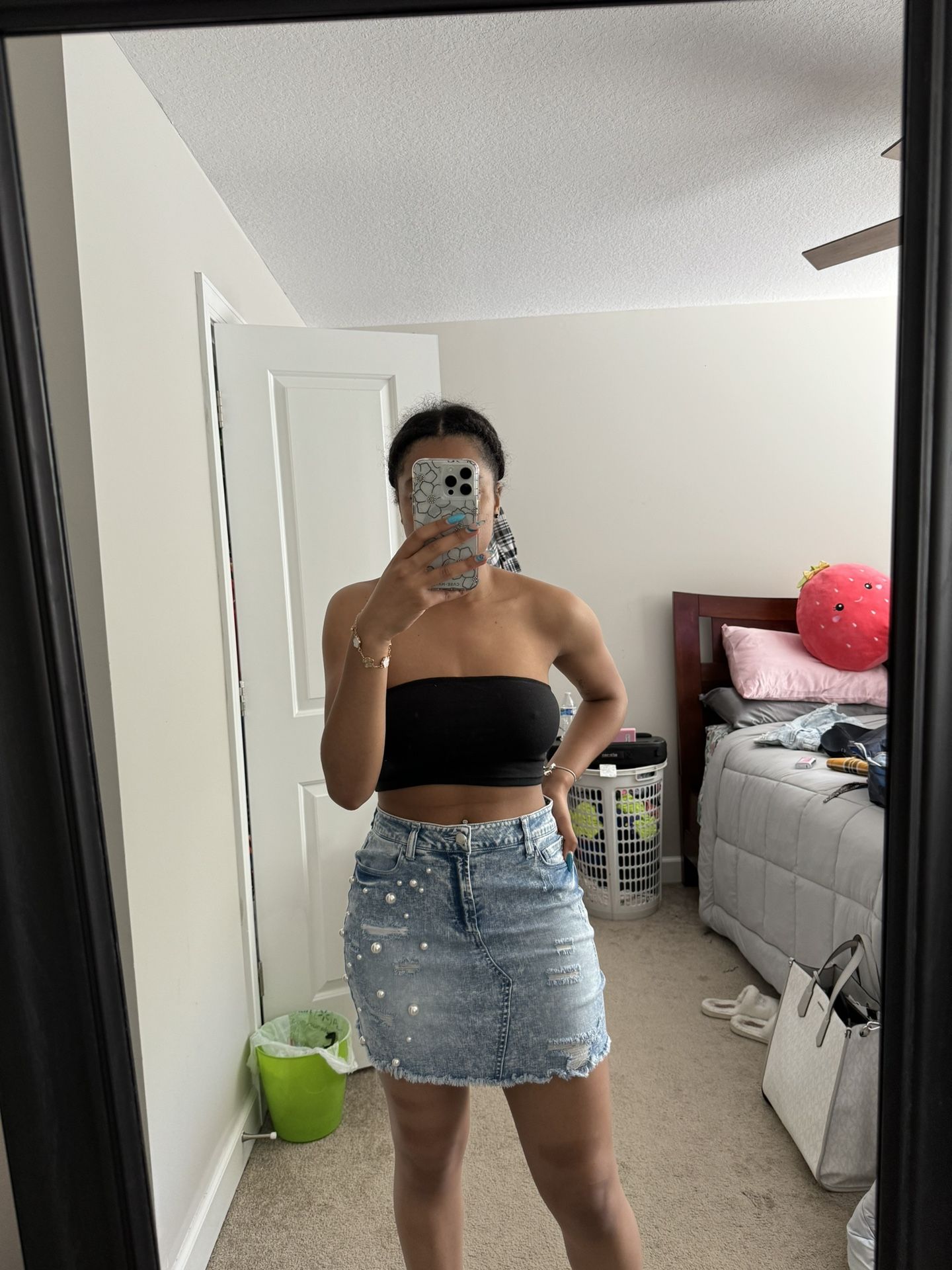 Tinseltown Pearl And Distressed Denim Skirt