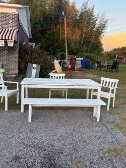 5-Piece White Teak Wood Outdoor Patio Dining Set – Table, Bench & 3 Armchairs