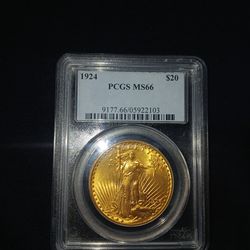 Pre 33 Gold.                                                                  St. Gaudens Double Eagle PCGS MS 66.              1924