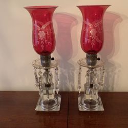 Vintage Cranberry Mantle Luster Lamps