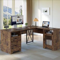 63" L Shaped Rustic Brown Corner Desk with Sunlight Door and Power Hub, Computer Desk with Storage Drawers & Open Shelf