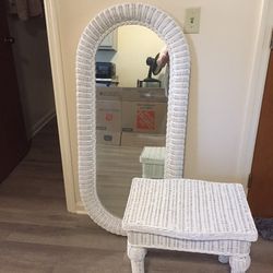 White Wicker Mirror And Table Set
