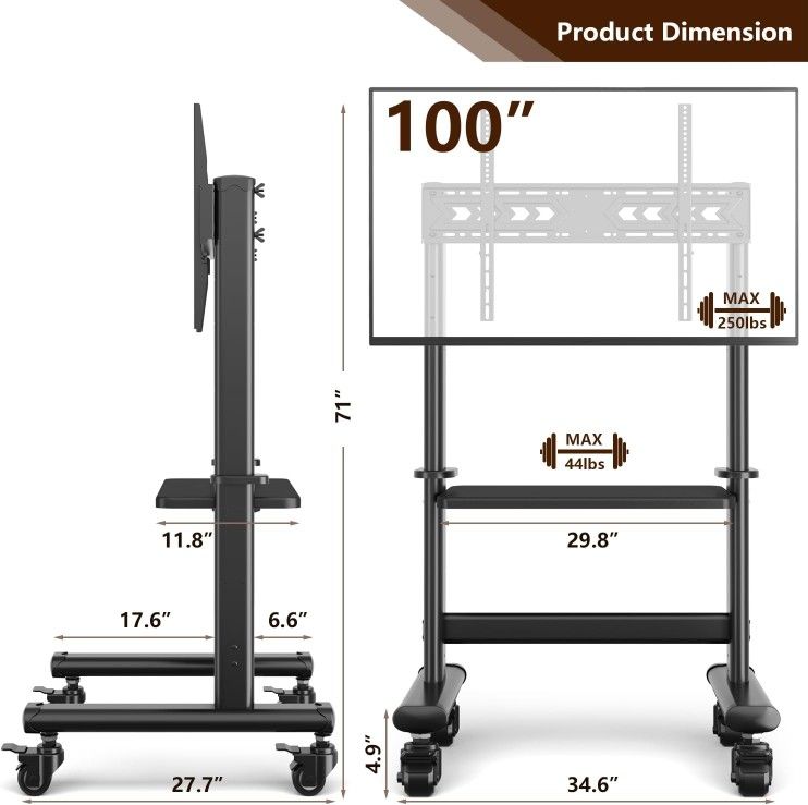 Massive Home Commercial Mobile TV Cart Floor Stand with Tray VESA Bracket Mount for 55"-100" LCD LED TV Trolley with Castor Wheels and Shelf