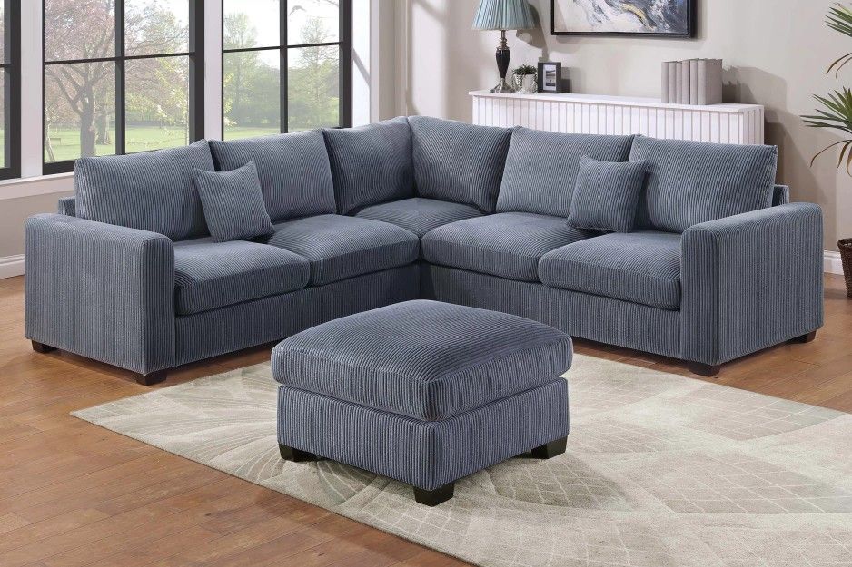 ✅️✅️ 4pc dark Grey corduroy fabric sectional sofa with rounded arms and ottoman ✅️✅️
