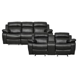 Brand New Black Bonded Leather Manual Reclining Sofa + Loveseat With Cup Holders