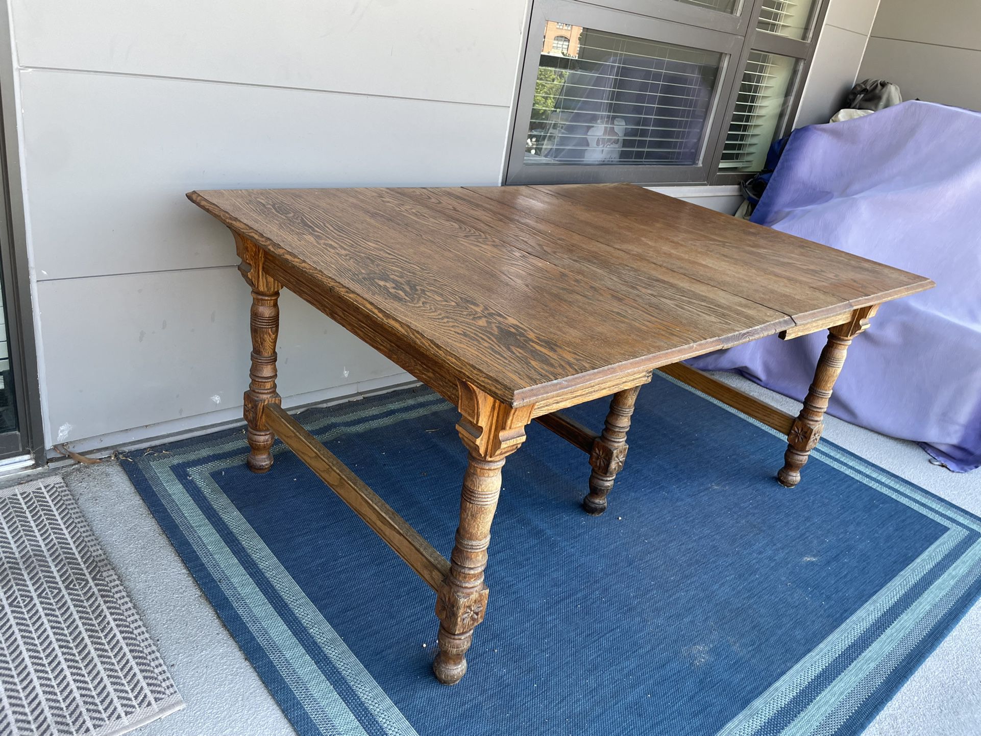 Antique Solid Oak Dining Room Table with 7 leaves up to 112”L