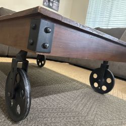 Industrial Solid Wood Coffee Table On Wheels