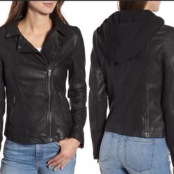 CASLON Leather Moto Jacket with Removable Hood NWOT