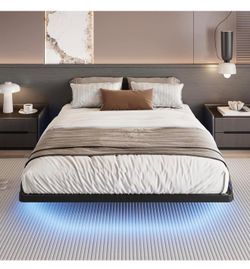 Floating Bed Frame Queen Size with  LED Lights and Charging Station, Heavy Duty Metal, Black C-1