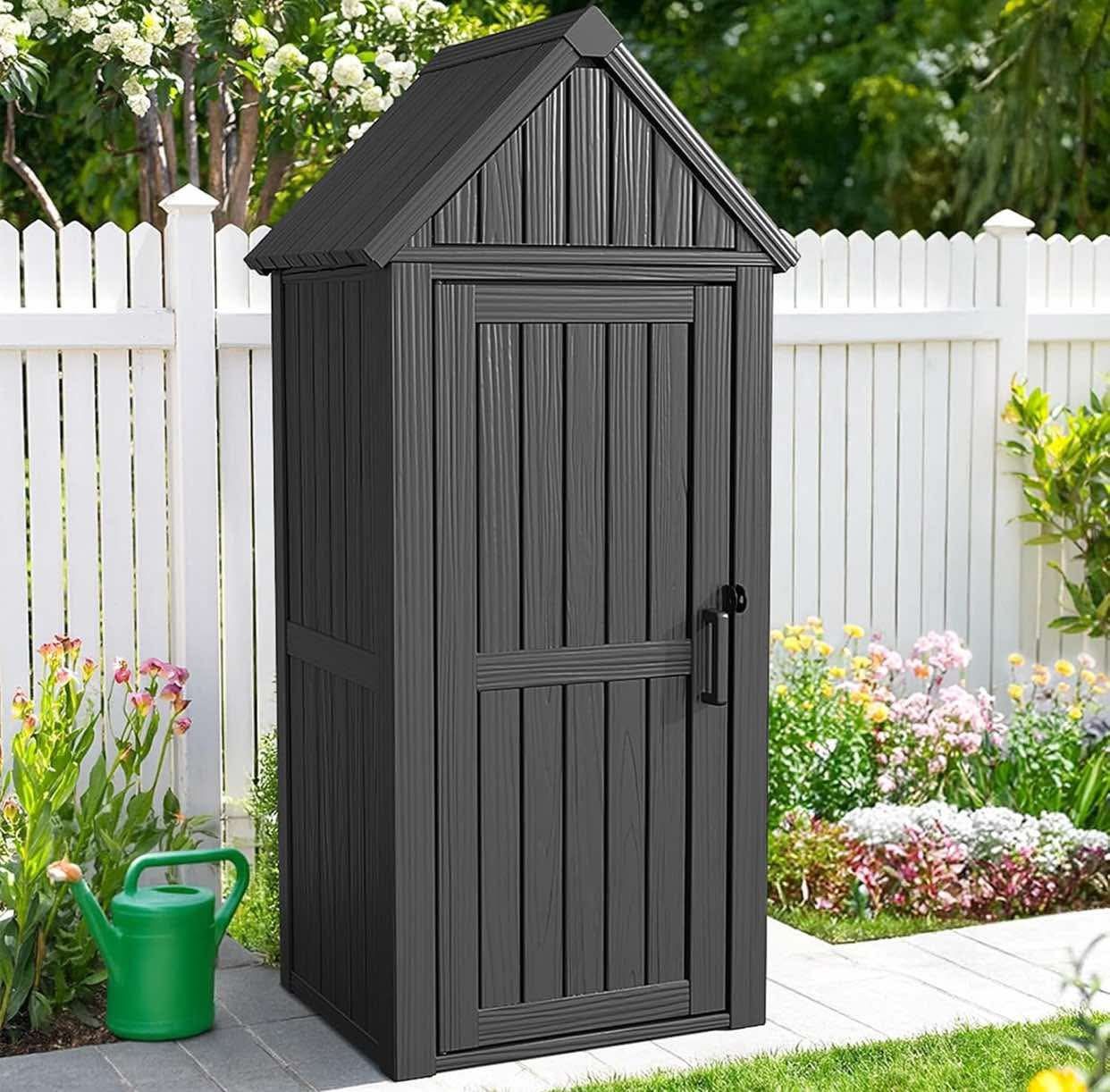 Multifunctional Storage Shed, Outdoor Storage Cabinet with Hooks and Lock Ring, Waterproof Outdoor Storage Shed for All Weather,