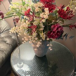 21” GORGEOUS BLUE VASE FILLED WITH BLUE & MAROON DRIED FLOWERS EUC