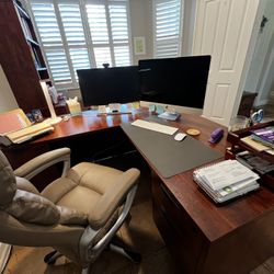 Large, Beautiful Office Desk With Credenza And Printer Cabinet